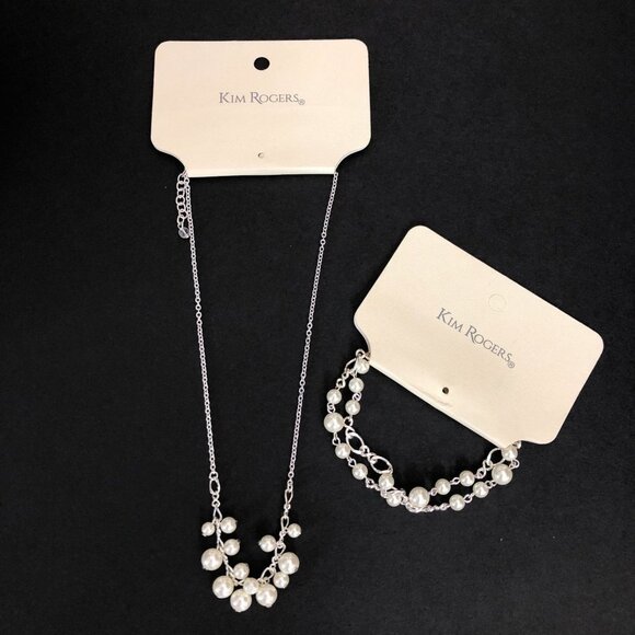 Kim Rogers White Pearl Front Silver Tone Necklace With 2 Strand Pearl Bracelet - Picture 1 of 11